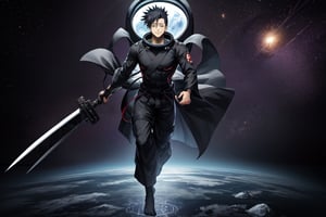 Toji Fushiguro, jujutsu_kaisen_season_2, outer_space_background, black-hair, v-shaped physique, full_body, smiling at me, holding_weapon, messy_hair, crystal clear face, 1guy