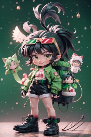 sly expression, smile, anime style character, pony_tail, light black hair, golden eyes, EYEWEAR ON HEAD, 3d paper frame glasses, EARRINGS, BLACK CHOKER,  BLACK GLOVES, FINGERLESS GLOVES, pretty hand, human hand, green jacket, BELT,ChristmasElf,masterpiece