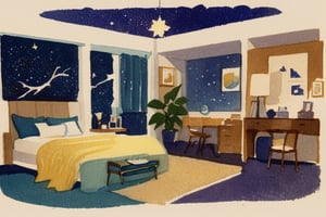 A detailed watercolor of an young boy sleeping in bed. The room has no ceiling and the stars are visible. Dreamscape, milky way, relaxing, nostalgic, Masterpiece, lovely composition, FML, watercolor, landscapes, interior, vintage, vintage art, art, style
