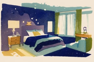 A detailed watercolor of an young boy sleeping in bed. The room has no ceiling and the stars are visible. Dreamscape, milky way, relaxing, nostalgic, Masterpiece, lovely composition, FML, watercolor, landscapes, interior, vintage, vintage art, art, style