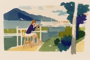 A detailed watercolor of an young woman drinking a coffee in a small french bar. Masterpiece, lovely composition, FML, watercolor, landscapes, nature, outdoors, art, style