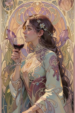 (masterpiece, best quality, highly detailed, ultra-detailed, intricate), illustration, pastel colors, art_nouveau, Art Nouveau by Alphonse Mucha, tarot, offcial art,统一 8k 壁纸,ultra - detailed,masterpiece,Best quality at best,（zentangle,datura,Tangles,entangled）,（ecstasy of flower：1.2）dynamic angle,cowboyshot,The most beautiful form of chaos,ellegance,Fauvistdesign,vivid colour,romanticism lain,atmospurate,(((woman drinking a glass of red wine))), clear pattern, watercolor, Solid background, lanterns, electrical wires, vibrant colors,masterpiece,(best quality, masterpiece)