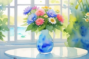 A detailed watercolor draw of a colourful bouquet of flowers, daisies, water lilies and morning glories. The bouquet is in a vase on a simple table in a white room with an open window on a sea landscape, ((watercolor,FML))
,watercolor