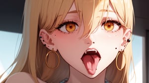 (masterpiece), best quality, expressive eyes, perfect face, 1girl, solo, long hair, looking at viewer, blush, open mouth, bangs, ringed eyes, red eyes, yellow hair, jewelry, yellow eyes, earrings, teeth, tongue, tongue out, blunt bangs, necklace, ((one mole under left eye)), fangs, upper teeth only, piercing, cross, ear piercing, hoop earrings, cross necklace, tongue piercing