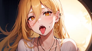 1girl, solo, long hair, looking at viewer, blush, open mouth, bangs, ringed eyes, red eyes, yellow hair, jewelry, yellow eyes, earrings, teeth, tongue, tongue out, blunt bangs, necklace, ((mole under left eye)), fangs, upper teeth only, piercing, cross, ear piercing, hoop earrings, cross necklace, tongue piercing
