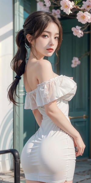 (Real))))Photos, Best Quality, 1 woman, Ultra Detailed Face, Detailed Lips, Detailed Eyes, Double Eyelids, Beautiful Face, Beautiful Eyes, (Glossy), Twintails, Thin Waist, Best Quality, Pale Skin, (Face and Eye Details:1.1) , self-righteous, blush, ((shy)), very delicate and beautiful girl, dynamic pose, cowboy shot, White Dress, Off-shoulder, Blossom flower field, glowing skin, A faint smile, round ass