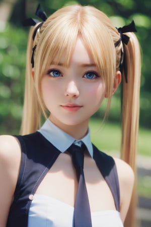 (masterpiece), (best quality), (ultra detailed),(illustration), (1girl), standing,looking at viewer, (interview),beautiful detailed eyes, delicate beautiful face, Floating,(high saturation),(shining), breast, marie rose, blond hair, twin_tails, hair_ribbons