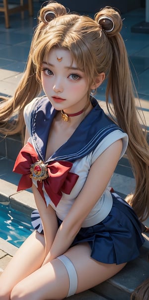 (masterpiece), (best quality), (ultra detailed),(illustration), (1girl),looking at viewer, (interview),beautiful detailed eyes, delicate beautiful face, Floating,(high saturation),(shining), blue-sky, sailor moon,1girl, long hair,jewelry, sailor senshi uniform, blue sailor collar,blonde hair, red choker, twintails, red bow, blue skirt, blue eyes, hair bun,thigh_highs
