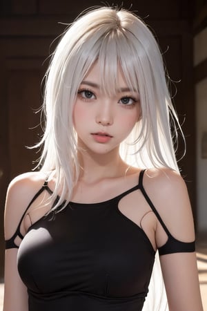 (masterpiece), (best quality), (ultra detailed),(illustration), (1girl), standing,looking at viewer, (interview),beautiful detailed eyes, delicate beautiful face, Floating,(high saturation),(shining), breast, cowboy shot, a2_nierautomata, detailed face, close-up shot, mole, tank top, hair between eyes,a2_nierautomata, white hair