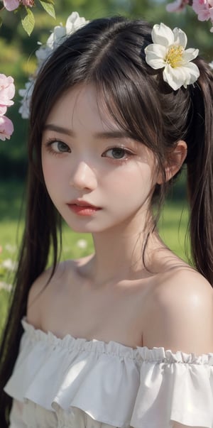 (Real))))Photos, Best Quality, 1 woman, Ultra Detailed Face, Detailed Lips, Detailed Eyes, Double Eyelids, Beautiful Face, Beautiful Eyes, (Glossy), Twintails, Thin Waist, Best Quality, Pale Skin, (Face and Eye Details:1.1) , self-righteous, blush, ((shy)), very delicate and beautiful girl, dynamic pose, cowboy shot, White Dress, Off-shoulder, Blossom flower field, glowing skin, A faint smile