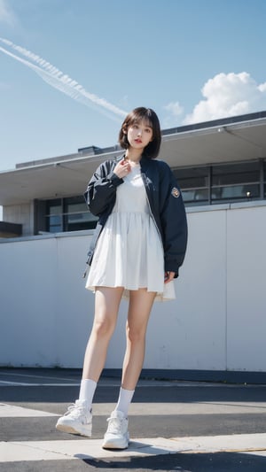 1girl, solo, looking at viewer, short hair, bangs, black hair, long sleeves, dress, holding, brown eyes, standing, jacket, full body, outdoors, parted lips, open clothes, sky, shoes, day, socks, cloud, white dress, open jacket, blue sky, lips, from below, building, sneakers, walking