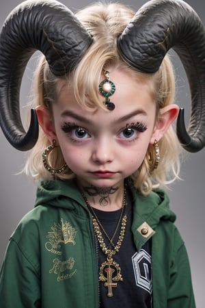 1girl, solo, looking at viewer, blonde hair, shirt, jewelry, closed mouth, green eyes, jacket, upper body, white hair, earrings, green hair, open clothes, horns, pointy ears, hood, necklace, open jacket, lips, book, black shirt, eyelashes, hoodie, tattoo, piercing, hood down, cross, freckles, green jacket, horn ornament, horizontal pupils