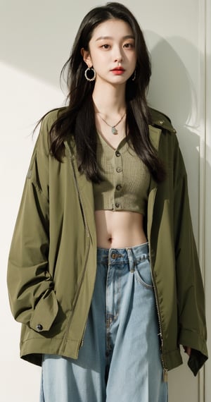 This image is an illustrated portrait of a young woman. She has long, dark brown, slightly wavy hair and a beautiful face. She is wearing an olive green button-up shirt, tied at the waist to reveal her midriff. She also wears a necklace with a pendant, large hoop earrings, and a bracelet on her left wrist. Her expression is confident, and the light shining on one side of her face creates delicate highlights and shadows. Overall, the image conveys a strong and stylish personality.upper body, cleavage ,hands in pockets ,looking at viewer ,paris street,navel 