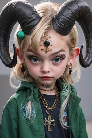 1girl, solo, looking at viewer, blonde hair, shirt, jewelry, closed mouth, green eyes, jacket, upper body, white hair, earrings, green hair, open clothes, horns, pointy ears, hood, necklace, open jacket, lips, book, black shirt, eyelashes, hoodie, tattoo, piercing, hood down, cross, freckles, green jacket, horn ornament, horizontal pupils