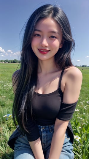 Wenny, masterpiece, best quality, 1girl, casual outfit, meadow, close view, looking at viewer, crouch, long hair, smile, pov, blue sky, closed mouth