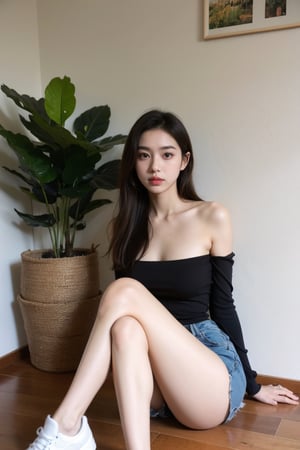 1girl, solo, breasts, looking at viewer, large breasts, brown hair, black hair, cleavage, bare shoulders, sitting, detached sleeves, shorts, indoors, black eyes, lips, see-through, black shorts, plant, potted plant