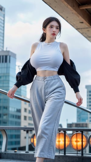 "A towering Giantess in a cool and laid-back hippie style is rocking a crop top and baggy pants. Her toned and athletic build hints at her massive strength. She seems to be casually strolling through the bustling cityscape of GTS City, as towering buildings loom overhead. Smoke and clouds roil around her, adding to the sense of epic scale and drama. The lighting is dark, gloomy, and realistic, creating a tense and ominous atmosphere. The perspective is from below, emphasizing the sheer majesty and power of the Giantess.",Gigantic Breast