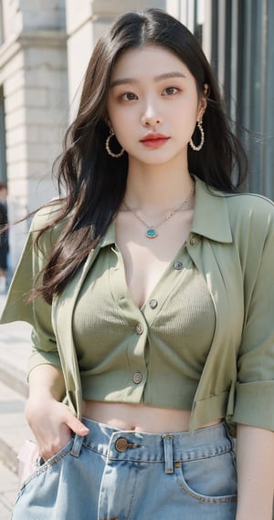 This image is an illustrated portrait of a young woman. She has long, dark brown, slightly wavy hair and a beautiful face. She is wearing an olive green button-up shirt, tied at the waist to reveal her midriff. She also wears a necklace with a pendant, large hoop earrings, and a bracelet on her left wrist. Her expression is confident, and the light shining on one side of her face creates delicate highlights and shadows. Overall, the image conveys a strong and stylish personality.upper body, cleavage ,hands in pockets ,looking at viewer ,paris street,navel 