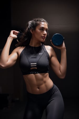 raw photo, portrait, photo of beautiful woman, athletic, dynamic pose,sports outfit, fitness model, detailed skin texture, pores, goosebumps, (posing in simple black background), lowkey lighting, film grain, shadows, rim light.realistic, photography, professional, color, graded, 8K, F2.4, 35mm. 