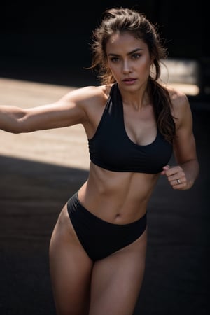 raw photo, portrait, photo of beautiful woman, athletic, dynamic pose,sports outfit, fitness model, detailed skin texture, pores, goosebumps, (posing in simple black background), lowkey lighting, film grain, shadows, rim light.realistic, photography, professional, color, graded, 8K, F2.4, 35mm. 