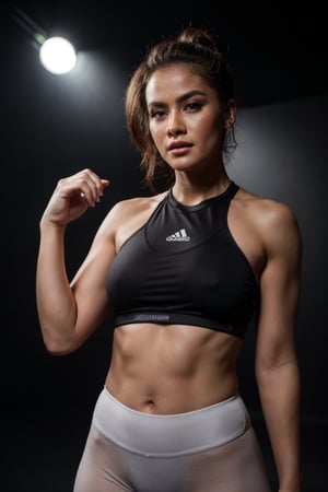 raw photo, portrait, photo of beautiful woman, athletic, dynamic pose,sports outfit, fitness model, detailed skin texture, pores, goosebumps, (posing in simple black background), lowkey lighting, film grain, shadows, rim light.realistic, photography, professional, color, graded, 8K, F2.4, 35mm. 
