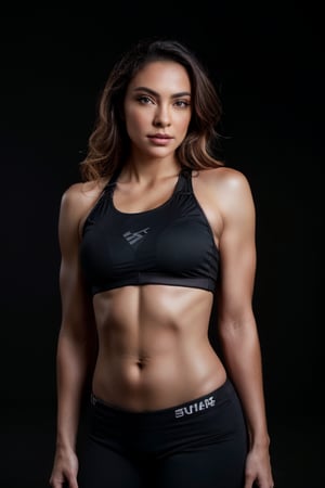 raw photo, portrait, photo of beautiful woman, athletic, sports outfit, fitness model, detailed skin texture, pores, goosebumps, (posing in simple black background), lowkey lighting, film grain, shadows, rim light.realistic, photography, professional, color, graded, 8K, F2.4, 35mm. 