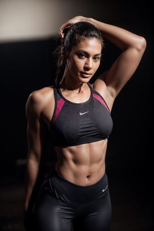 raw photo, portrait, photo of beautiful woman, athletic, dynamic pose,sports outfit, fitness model, detailed skin texture, pores, goosebumps, (posing in simple black background), lowkey lighting, film grain, shadows, rim light.realistic, photography, professional, color, graded, 8K, F2.4, 35mm. 