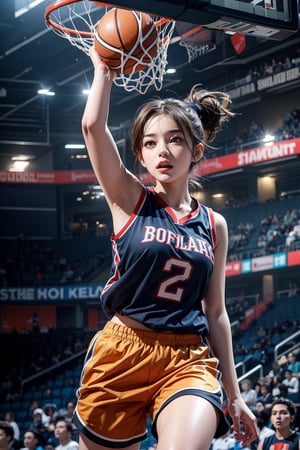 Masterpiece, high quality, HDR, detailed texture, RAW photo, 16K,  close-up of a girl, fine facial features, perfect fingers, brown ponytail, basketball team uniform, shorts, sharp focus of the girl, bright lights, blurred background, right hand slam dunk, left hand empty hand,   dynamic pose