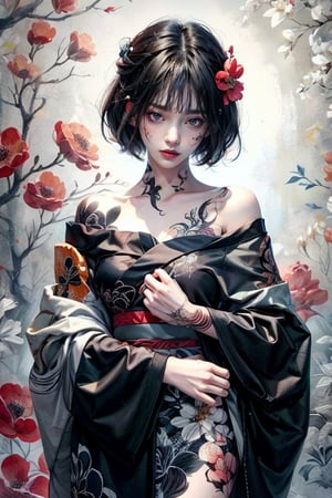 Painted tattoo, 1girl, solo, looking at viewer, short black hair, bangs, shut up, wearing off-shoulder kimono, floral pattern, ink painting background