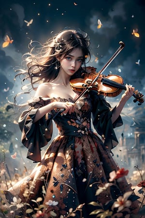 Close-up of 1 girl,  playing a violin, delicate features, solo, off-shoulder dress, dynamic pose, fantasy wonderland, butterfly, fireflies, dense fog, bright colors, ultra-high quality, ultra-high resolution, ArtStation trend, rule of thirds, Perfect composition.,CrclWc,violin