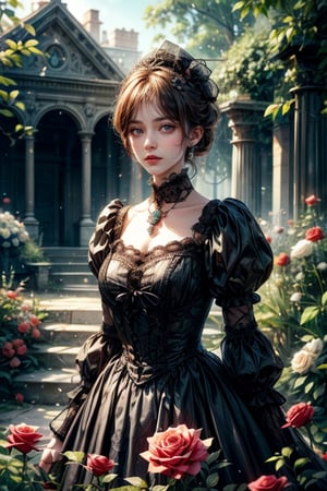 A girl with delicate features, wearing a Victorian fashion dress, looking at the camera, half-length portrait, real skin, a surreal rose garden, flowers of different colors, bright colors.,giant_flower,CrclWc