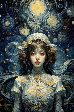 The dreamy portrait of a beautiful girl, centered, perfectly composed, blends Van Gogh's blue "Starry Night" colors, Dali's surrealism, and Mucha's Art Nouveau style to present a harmonious dream where reality and fantasy are blurred.,Flower s wedding, Full Fantasy Flower,fangao
