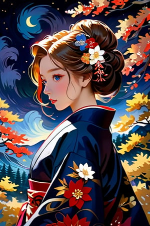 The girl wears an elegant traditional Japanese kimono decorated with intricate floral patterns in rich, deep colors. Her hair is styled in a traditional Japanese style and adorned with elaborate embellishments. Van Gogh's expressive brushstrokes create a striking contrast between detailed textile patterns and the swirling textured backgrounds of forest and night sky.