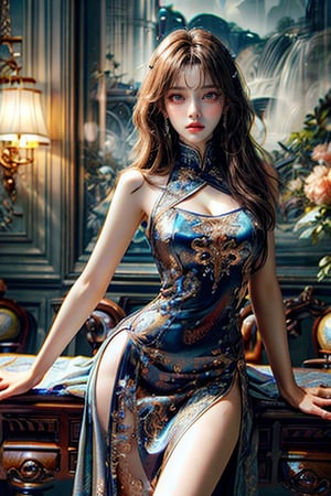 Masterpiece, best quality, high resolution, beautiful female model with long brown hair, bangs, detailed eyes, wearing sleeveless dress, looking at viewer, slim figure, elegant and sexy, dynamic pose, blurred light background , intricate details, high-definition rendering, dreamlike and vibrant colors, with a strong aesthetic appeal.