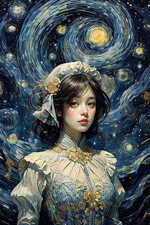 The dreamy portrait of a beautiful girl, centered, perfectly composed, blends Van Gogh's blue "Starry Night" colors, Dali's surrealism, and Mucha's Art Nouveau style to present a harmonious dream where reality and fantasy are blurred.,Flower s wedding, Full Fantasy Flower,fangao