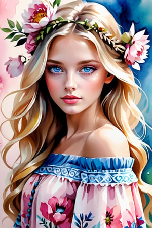 Watercolor painting of a beautiful blonde girl with blue eyes, off-the-shoulder bohemian dress in pink tones, various flowers, artistic stand in fashion style, sharp focus, studio photo, intricate details, very detailed