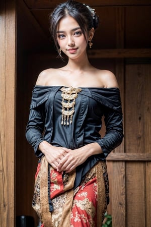 masterpiece, best quality, 16K HDR, 1 girl, solo, beautiful detailed eyes, bun, natural soft light, exquisite facial features, smile, looking at viewer, wearing off-shoulder new style Javanese clothing, elegant model pose, outdoor, Temple background,kebaya