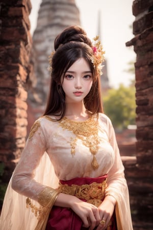 Close-up, 1girl, solo, long brown hair and eyes, perfect face shape and eyes, looking into the camera with a shy expression, masterpiece, 16k portrait, ultra-realistic details. Cinematic lighting. High-resolution, photo-realistic 8k RAW photo of a man wearing pure traditional Thai clothing, outside a Thai temple.,Thai Dress
