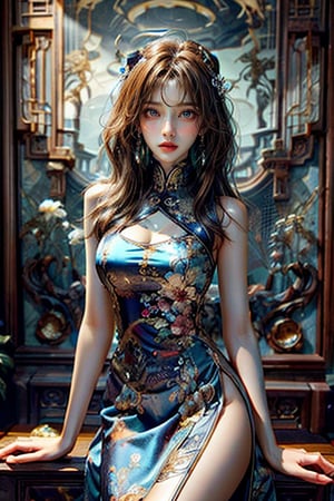 Masterpiece, best quality, high resolution, beautiful female model with long brown hair, bangs, detailed eyes, wearing sleeveless dress, looking at viewer, slim figure, elegant and sexy, dynamic pose, blurred light background , intricate details, high-definition rendering, dreamlike and vibrant colors, with a strong aesthetic appeal.