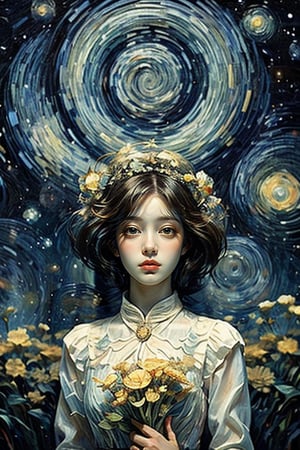 The dreamy portrait of a beautiful girl, centered, perfectly composed, blends Van Gogh's blue "Starry Night" colors, Dali's surrealism, and Mucha's Art Nouveau style to present a harmonious dream where reality and fantasy are blurred.,Flower s wedding, Full Fantasy Flower,fangao