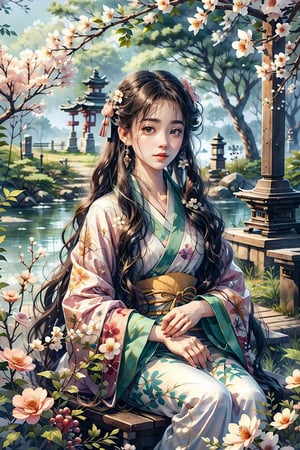 1 girl, with delicate features, wearing a traditional kimono with soft pink and white floral patterns and flowers in her hair. Sitting under a tree, whose branches form a natural canopy of a lake, a Japanese shrine, her serene expression casts dappled sunlight, embodying tranquil beauty and divine grace.,CrclWc