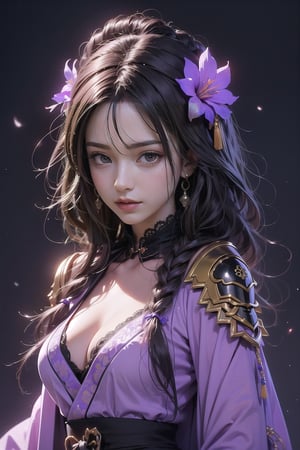 cosplay, thunder shogun, braids, medium breasts, hair flower, looking at viewer, long hair, purple hair, ribbon, mole, shut up, purple flower, shoulder armor, japanese clothing, hair accessory, kimono, flower, armor, Solo, purple eyes, cleavage, purple kimono, 1girl, upper body,raiden_shogun_genshin,midjourney,1 girl