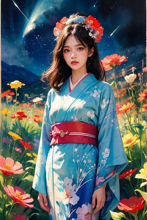 1 girl in a floral Japanese kimono, facing the viewer. Wearing Japanese traditional hair accessories, standing, night, shooting stars, flowers. Using brushstrokes, negative space, impressionism and abstract elements, combined with watercolor pencil painting techniques, it presents a fusion of traditional Japanese aesthetics and modern abstract art.watercolor,Flat color cartoon,watercolor