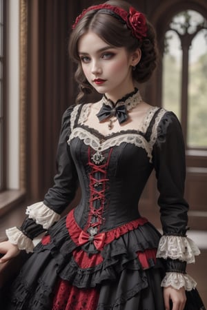 Gothic Lolita style girl wearing an ornate belt and corset with delicate lace and dark decorations. Lace, ribbons and other red, black, and white accessories add to the Victorian feel.