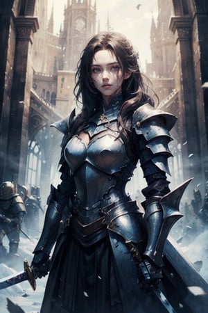 Masterpiece, best quality, 1 girl, solo, upper body, female knight, majestic, armored dress, standing, looking at the viewer, holding a sword