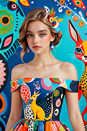 Masterpiece, highest quality, high resolution, of a girl, with exquisite features, wearing an off-the-shoulder dress featuring various abstract and stylized creatures in vibrant and whimsical artistic patterns.,better photography,xxmix_girl