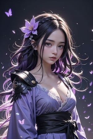 cosplay, thunder shogun, braids, medium breasts, hair flower, looking at viewer, long hair, purple hair, ribbon, mole, shut up, purple flower, shoulder armor, japanese clothing, hair accessory, kimono, flower, armor, Solo, purple eyes, cleavage, purple kimono, 1girl, upper body,raiden_shogun_genshin,midjourney,1 girl