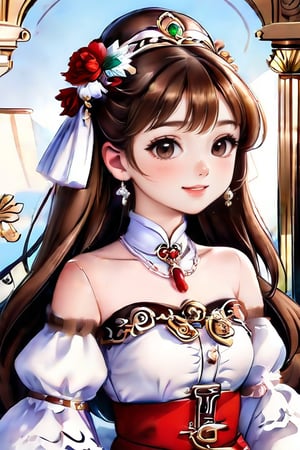 1girl, brown hair, bangs, hair accessories, gorgeous palace clothes, detailed, view from waist up, looking at the viewer, anime style, retro, masterpiece.