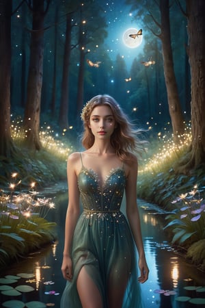 At night, beautiful woman with delicate features, facing the camera, Waist-up view, walks into a whimsical magical forest, fireflies, stars twinkling in the sky, moonlight reflecting magical flowers and trees, creek gently rippling and sparkling, ,aesthetic portrait, litter,BugCraft