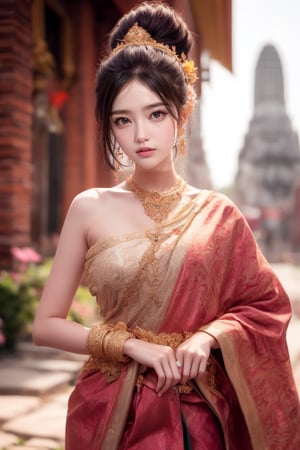 Close-up, 1girl, solo, long brown hair and eyes, perfect face shape and eyes, looking into the camera with a shy expression, masterpiece, 16k portrait, ultra-realistic details. Cinematic lighting. High-resolution, photo-realistic 8k RAW photo of a man wearing pure traditional Thai clothing, outside a Thai temple.,Thai Dress